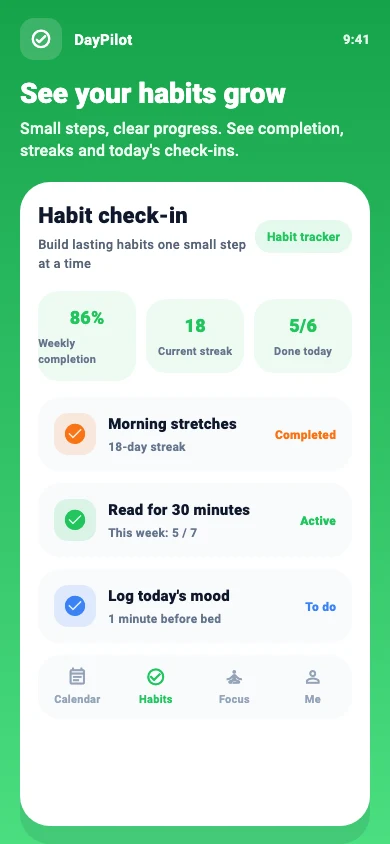 DayPilot habit illustration with sample routines and check-ins