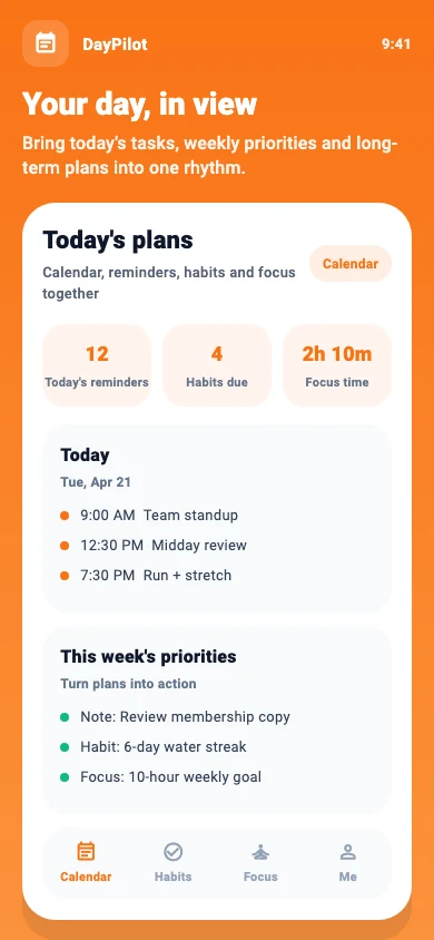 DayPilot calendar illustration showing sample reminders and weekly priorities
